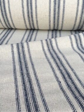 Vintage inspired Grain Sack Fabric Yard Blue Ivory Striped Natural 70% Cotton